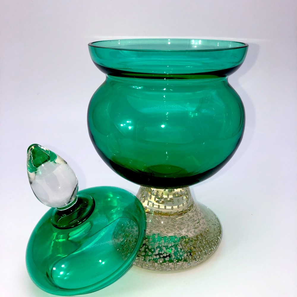 Vintage Erickson Green Glass Compote Controlled Bubbles